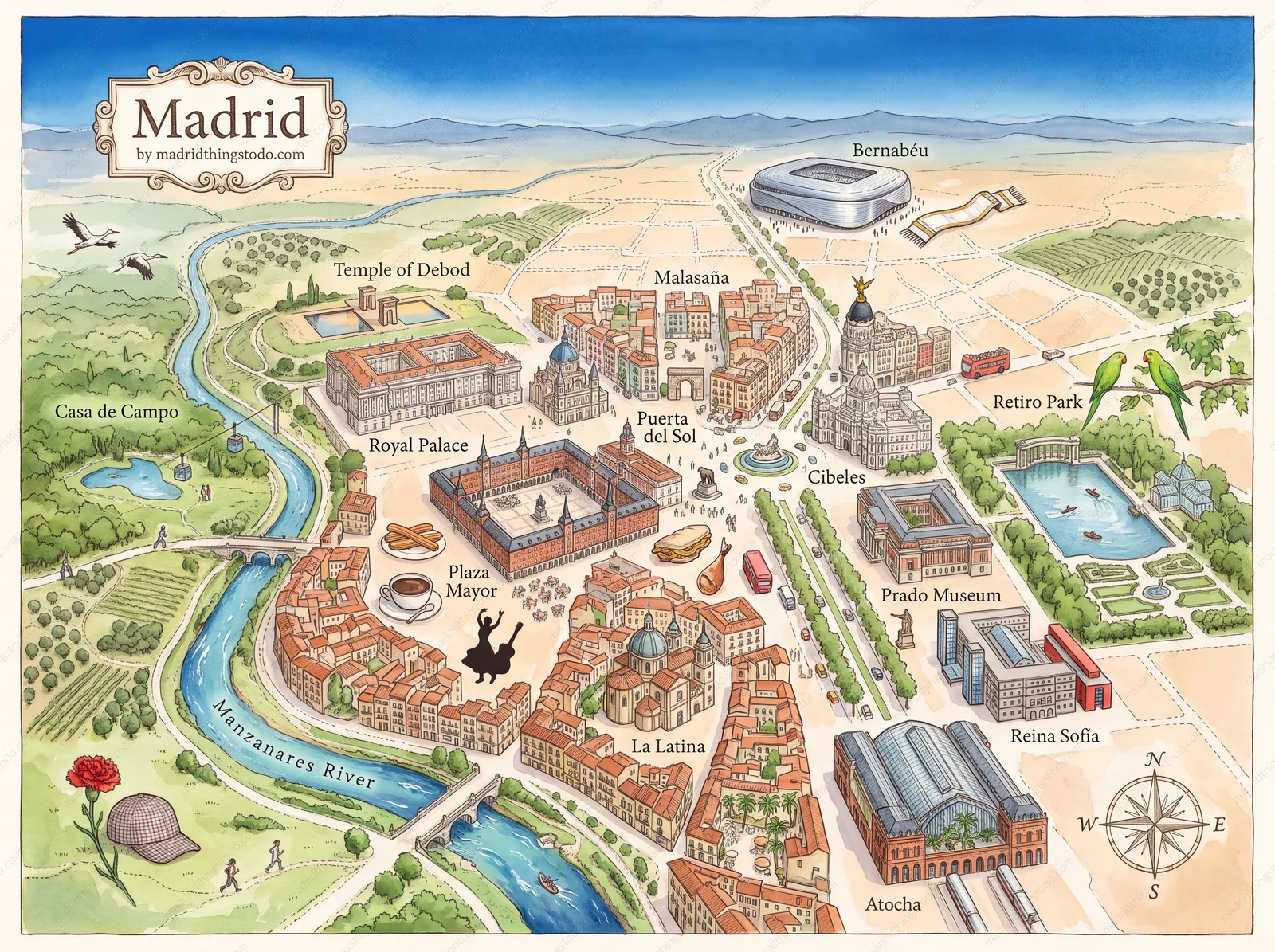 Illustrated tourist map of central Madrid showing the Royal Palace, Prado, Retiro Park, old-town districts and Bernabéu stadium.