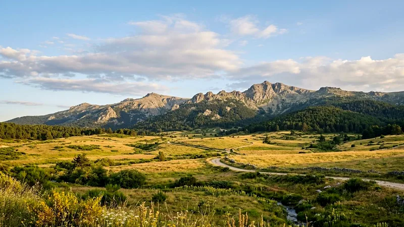 Granite peaks and pine forests of the Sierra de Guadarrama above golden meadows