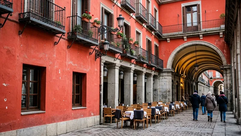 Red facades and arcades of Plaza Mayor with café tables beneath