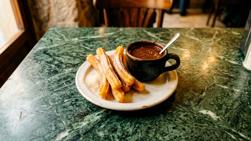 Churros beside a cup of thick hot chocolate on a marble table